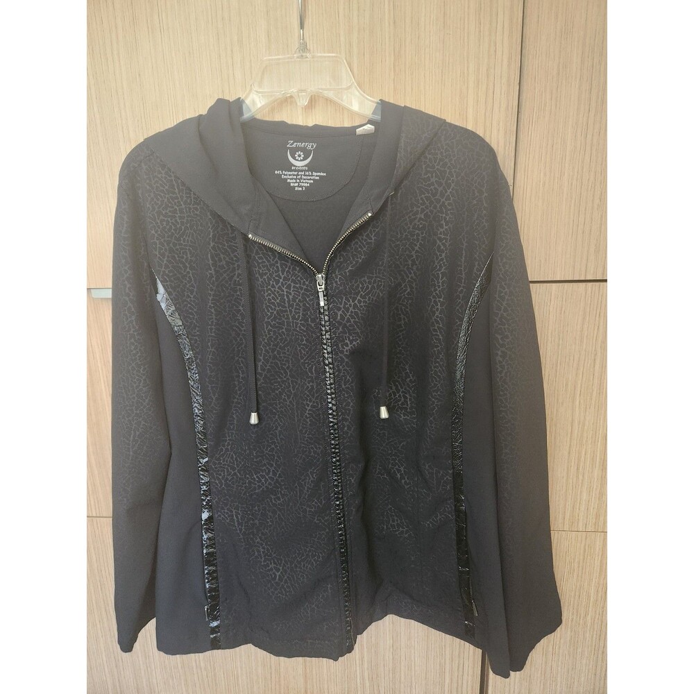 Zenergy by Chico's Black Leopard-Print Full-Zip Hooded Jacket Size 3 US 16